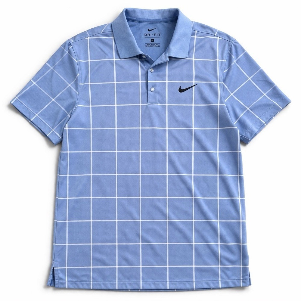 Nike Dri-FIT Polo Shirt Mens Medium Blue Check Golf Athletic Short Sleeve